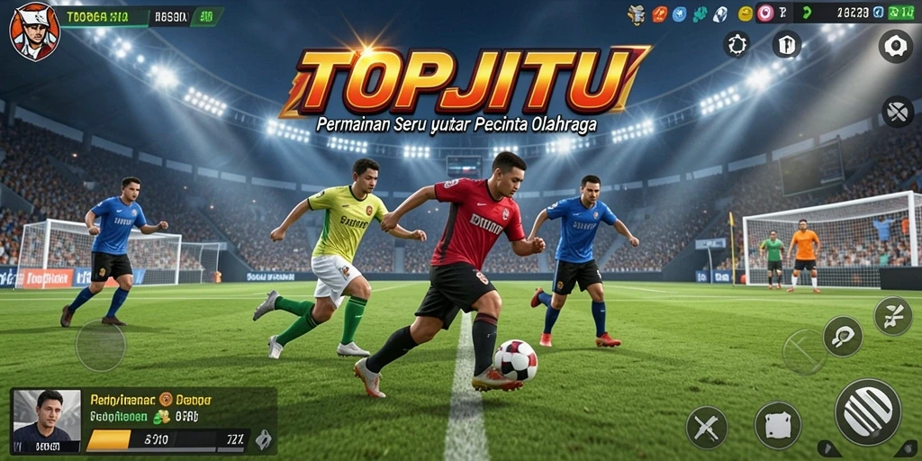 Screenshot utama TOPJITU menampilkan momen seru di lapangan olahraga.